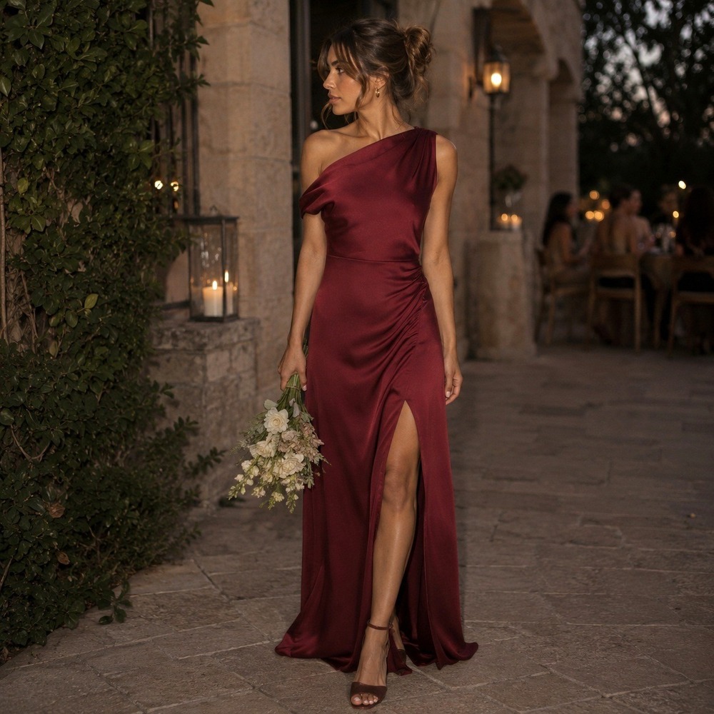 Show Me Your Mumu Jodie Satin Maxi Dress XS One Shoulder Burgundy‎ Formal Gown
